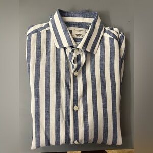 Murano Linen slim fit Blue and White Casual Button Down Shirt